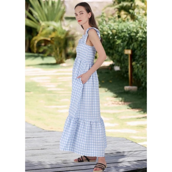 Gingham Print Plaid Smocked Spaghetti Straps Flouncy Long Dress in Blue - Picture 3 of 6